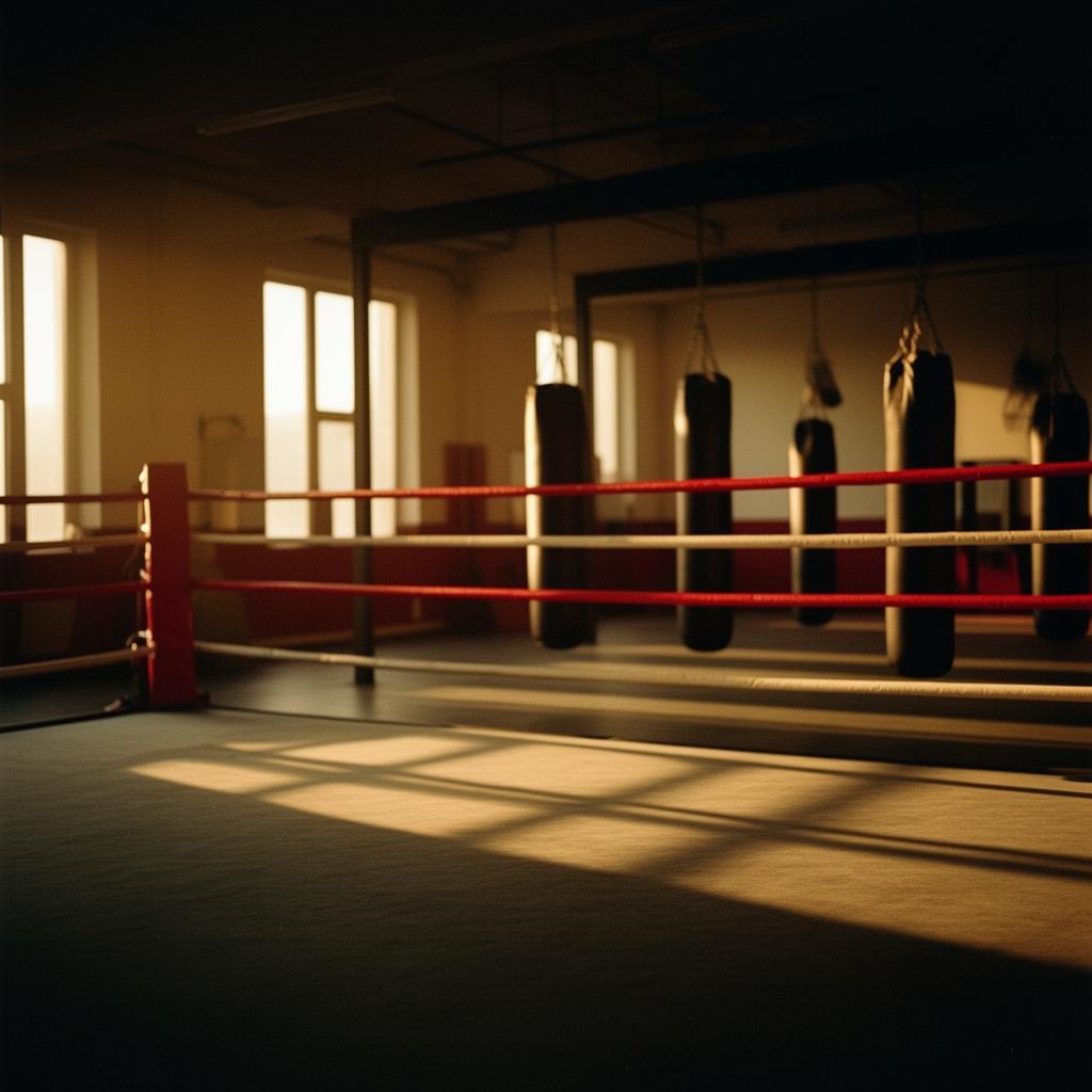 Boksring met rode touwen en bokszakken in de Maga Fight Club gym tijdens golden hour